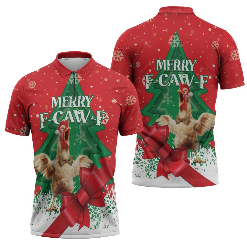 Funny Christmas Chicken Zipper Polo Shirt Merry F Caw F - Wonder Print Shop