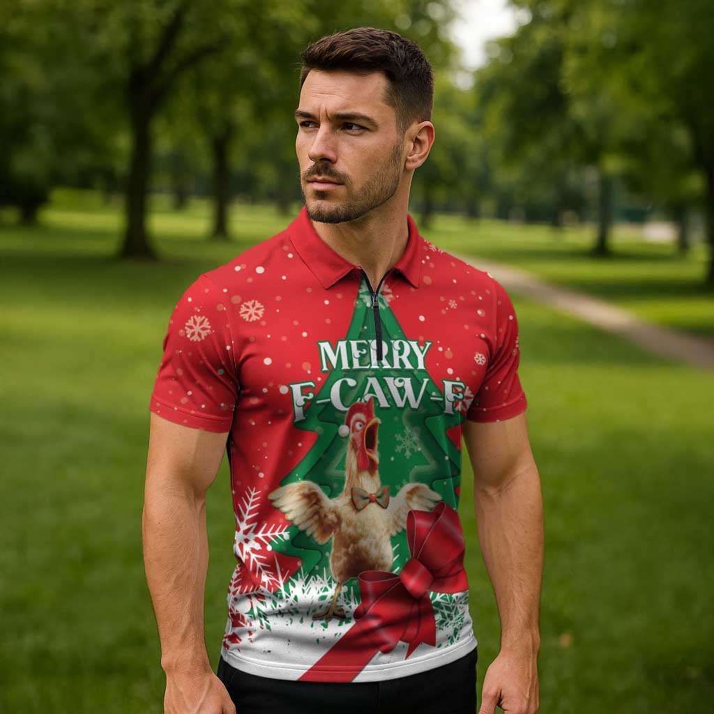Funny Christmas Chicken Zipper Polo Shirt Merry F Caw F - Wonder Print Shop