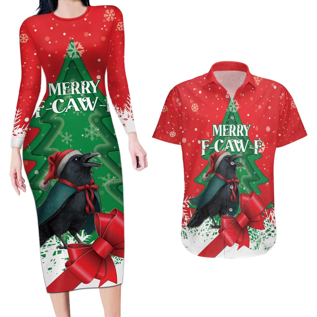 Funny Christmas Raven Couples Matching Long Sleeve Bodycon Dress and Hawaiian Shirt Merry F Caw F - Wonder Print Shop