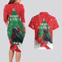 Funny Christmas Raven Couples Matching Long Sleeve Bodycon Dress and Hawaiian Shirt Merry F Caw F - Wonder Print Shop