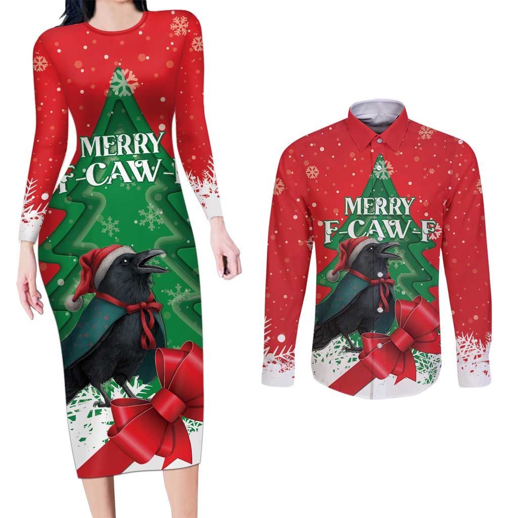 Funny Christmas Raven Couples Matching Long Sleeve Bodycon Dress and Long Sleeve Button Shirt Merry F Caw F - Wonder Print Shop