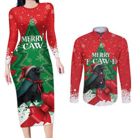 Funny Christmas Raven Couples Matching Long Sleeve Bodycon Dress and Long Sleeve Button Shirt Merry F Caw F - Wonder Print Shop