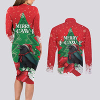 Funny Christmas Raven Couples Matching Long Sleeve Bodycon Dress and Long Sleeve Button Shirt Merry F Caw F - Wonder Print Shop