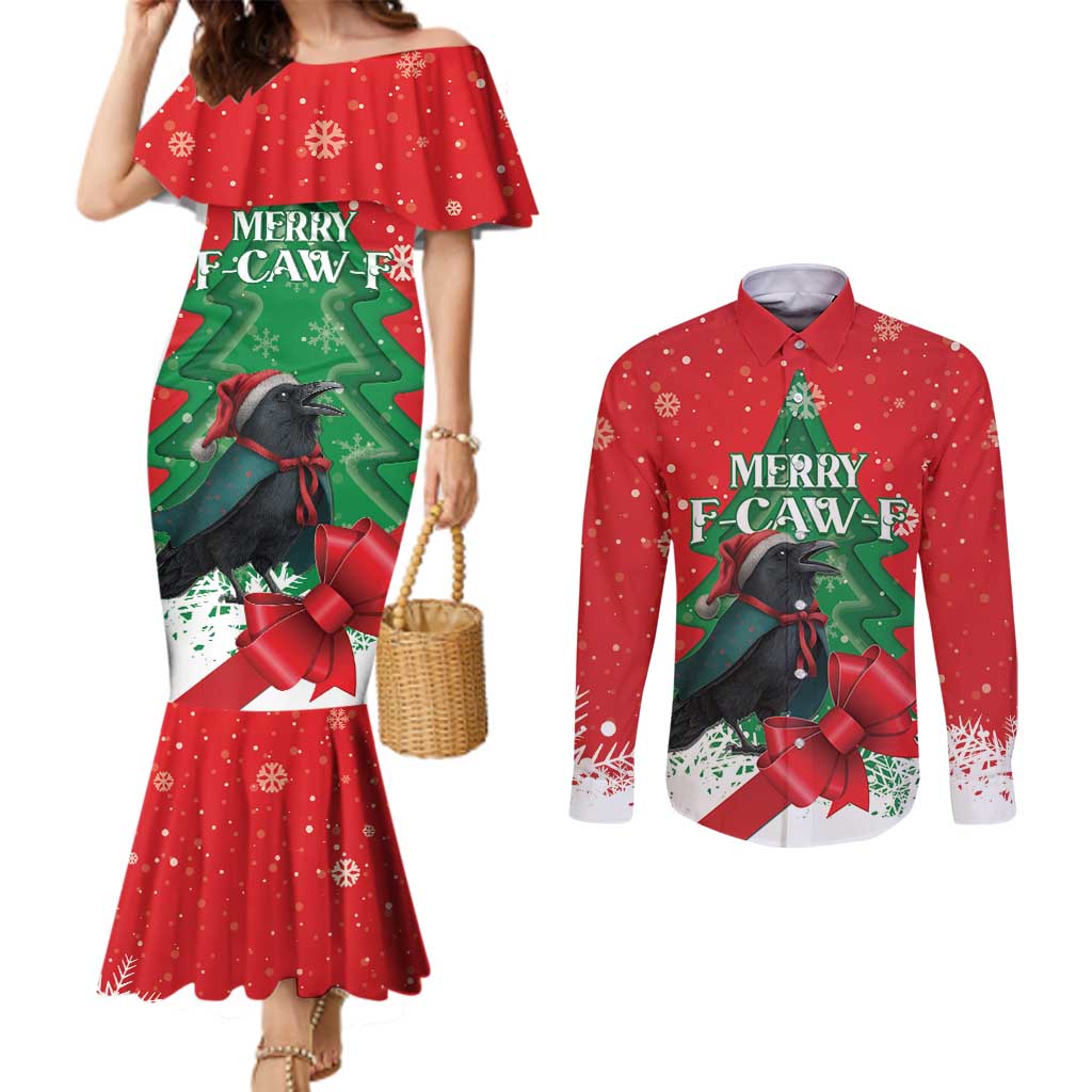 Funny Christmas Raven Couples Matching Mermaid Dress and Long Sleeve Button Shirt Merry F Caw F - Wonder Print Shop