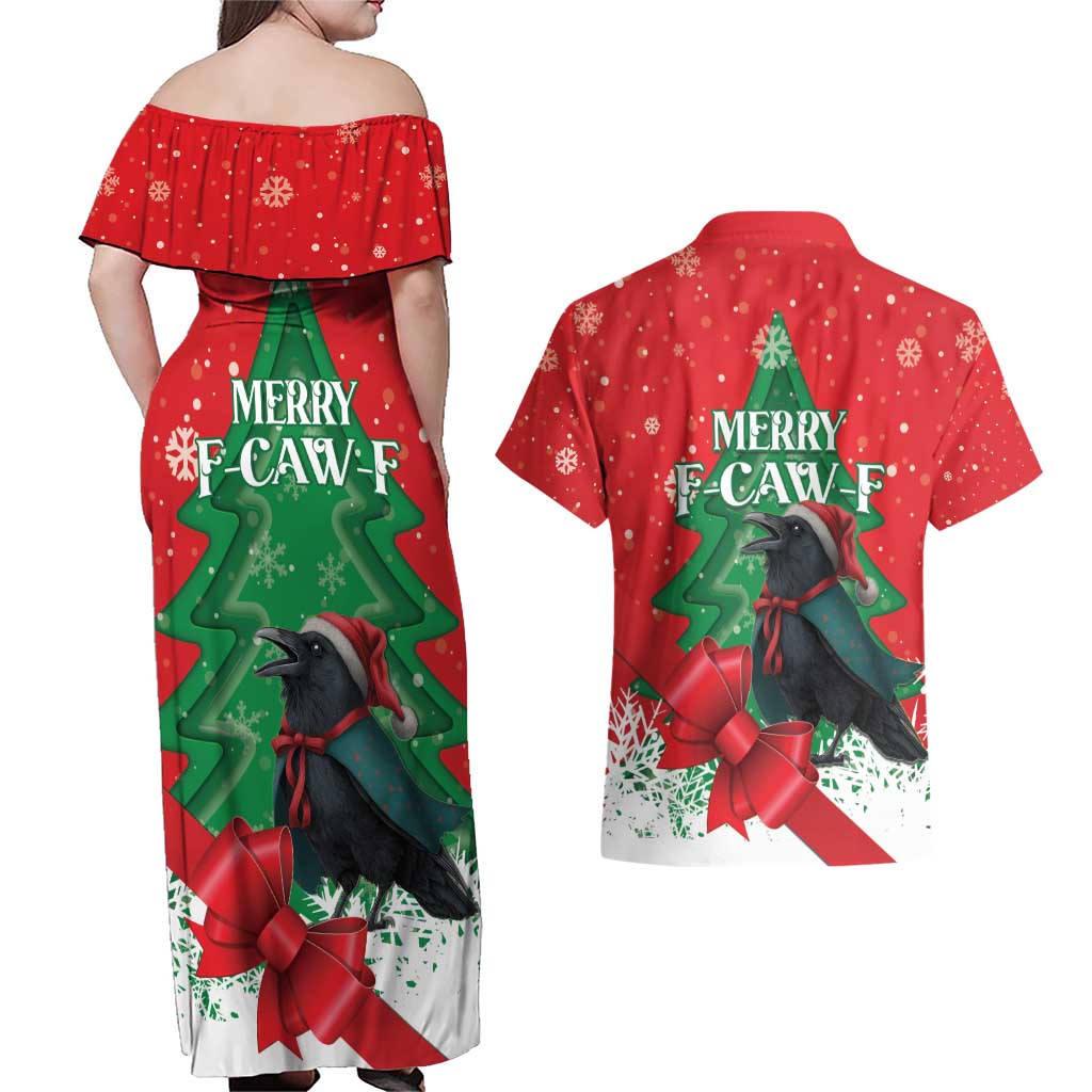 Funny Christmas Raven Couples Matching Off Shoulder Maxi Dress and Hawaiian Shirt Merry F Caw F - Wonder Print Shop