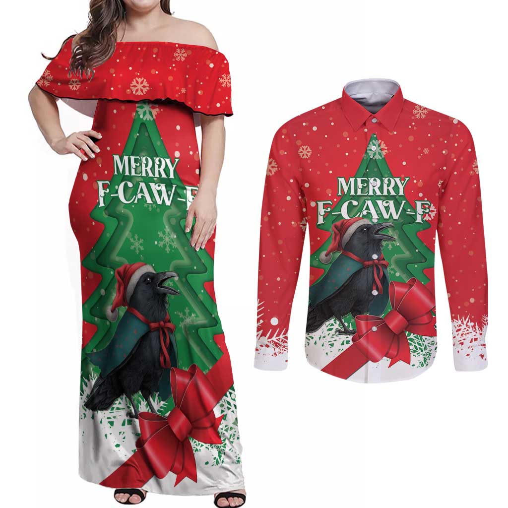 Funny Christmas Raven Couples Matching Off Shoulder Maxi Dress and Long Sleeve Button Shirt Merry F Caw F - Wonder Print Shop