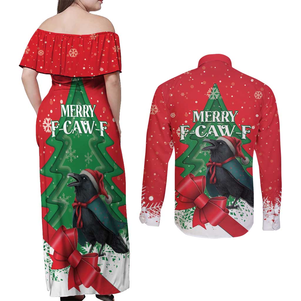 Funny Christmas Raven Couples Matching Off Shoulder Maxi Dress and Long Sleeve Button Shirt Merry F Caw F - Wonder Print Shop
