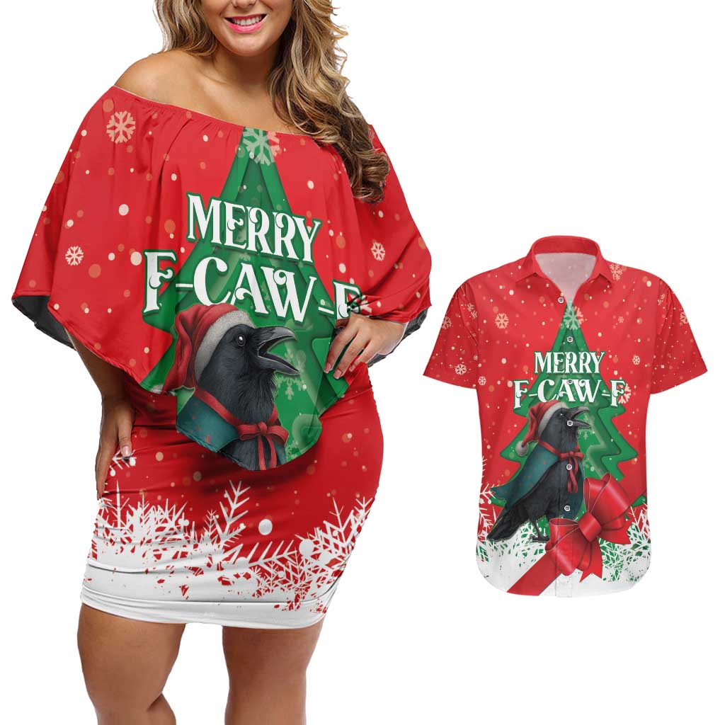 Funny Christmas Raven Couples Matching Off Shoulder Short Dress and Hawaiian Shirt Merry F Caw F - Wonder Print Shop