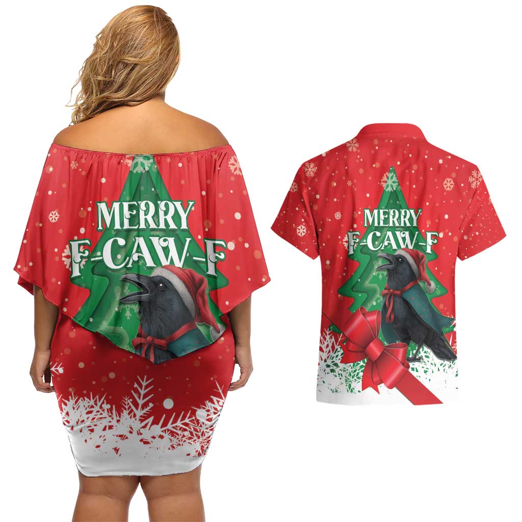 Funny Christmas Raven Couples Matching Off Shoulder Short Dress and Hawaiian Shirt Merry F Caw F - Wonder Print Shop