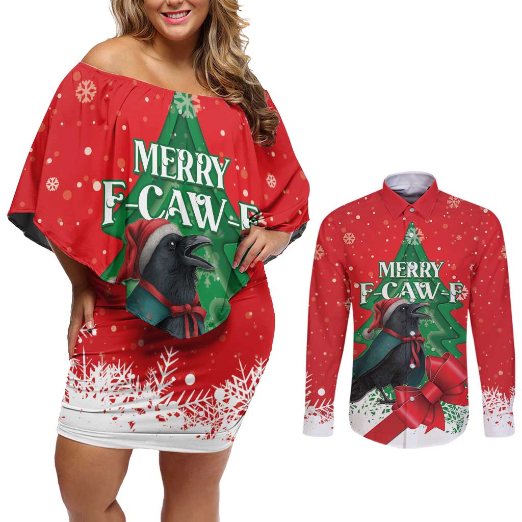 Funny Christmas Raven Couples Matching Off Shoulder Short Dress and Long Sleeve Button Shirt Merry F Caw F - Wonder Print Shop