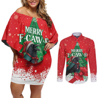 Funny Christmas Raven Couples Matching Off Shoulder Short Dress and Long Sleeve Button Shirt Merry F Caw F - Wonder Print Shop