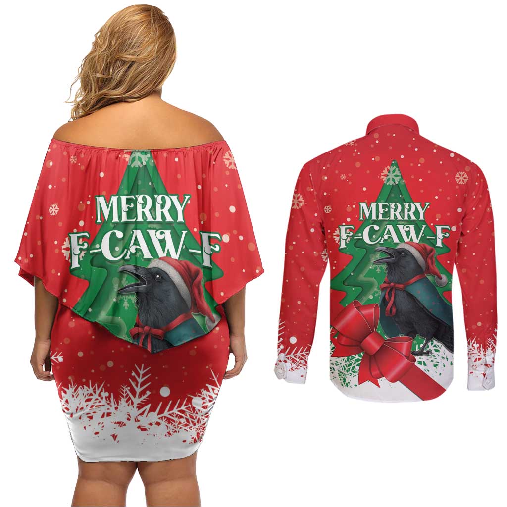 Funny Christmas Raven Couples Matching Off Shoulder Short Dress and Long Sleeve Button Shirt Merry F Caw F - Wonder Print Shop