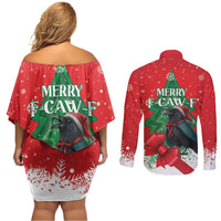 Funny Christmas Raven Couples Matching Off Shoulder Short Dress and Long Sleeve Button Shirt Merry F Caw F - Wonder Print Shop