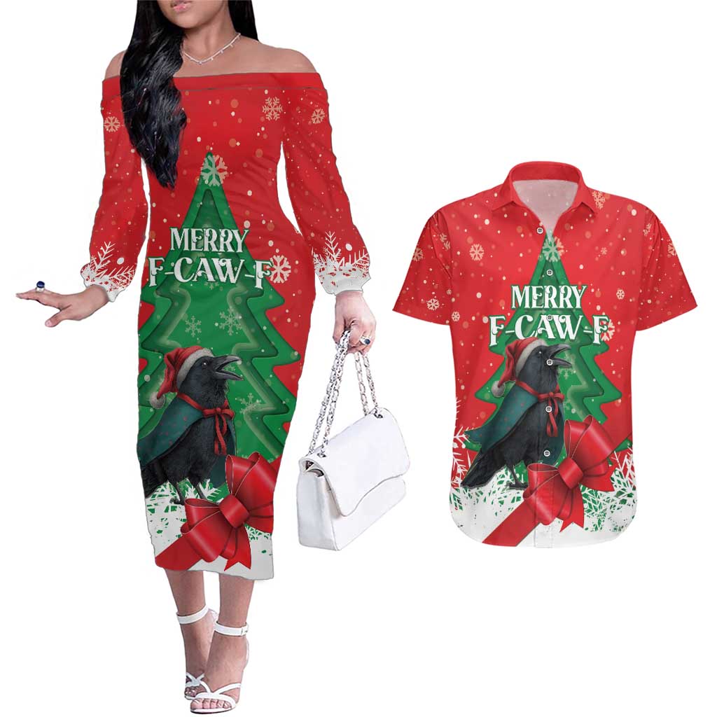 Funny Christmas Raven Couples Matching Off The Shoulder Long Sleeve Dress and Hawaiian Shirt Merry F Caw F - Wonder Print Shop