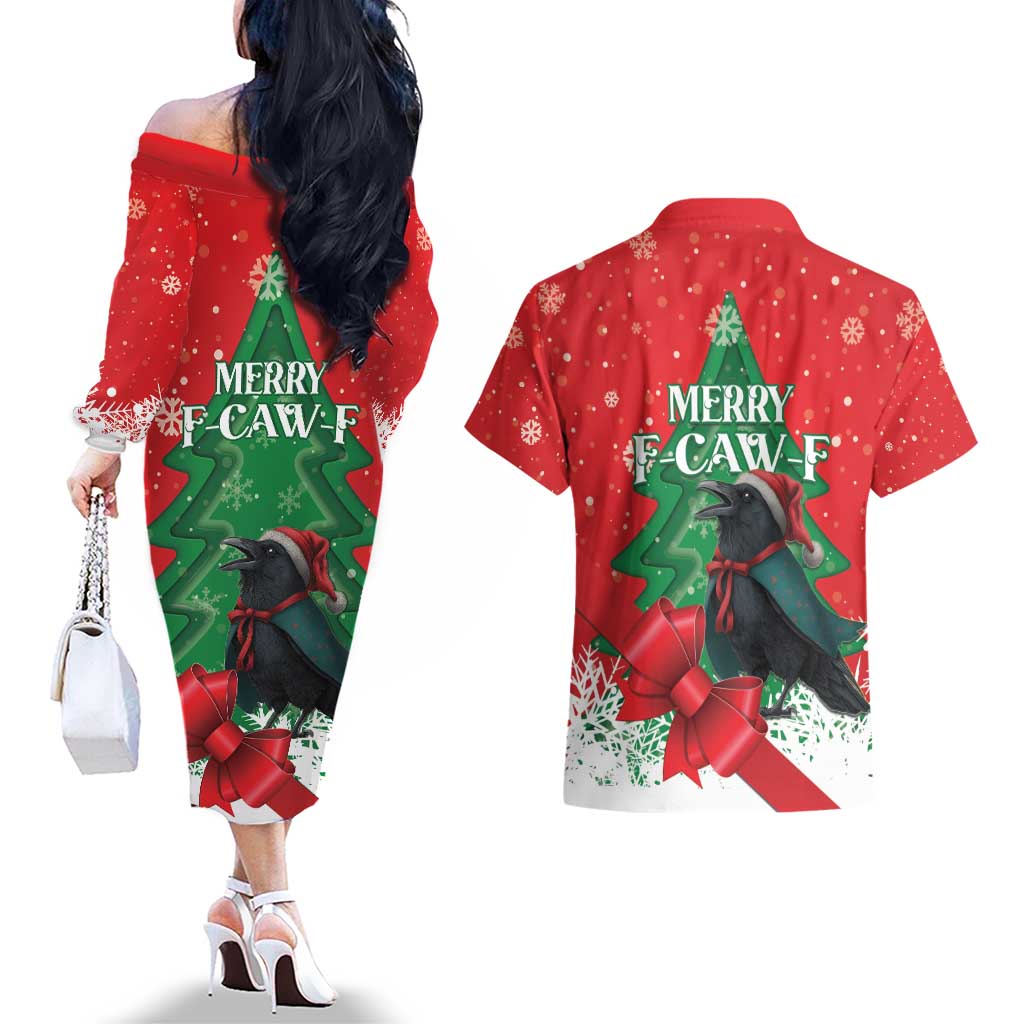 Funny Christmas Raven Couples Matching Off The Shoulder Long Sleeve Dress and Hawaiian Shirt Merry F Caw F - Wonder Print Shop