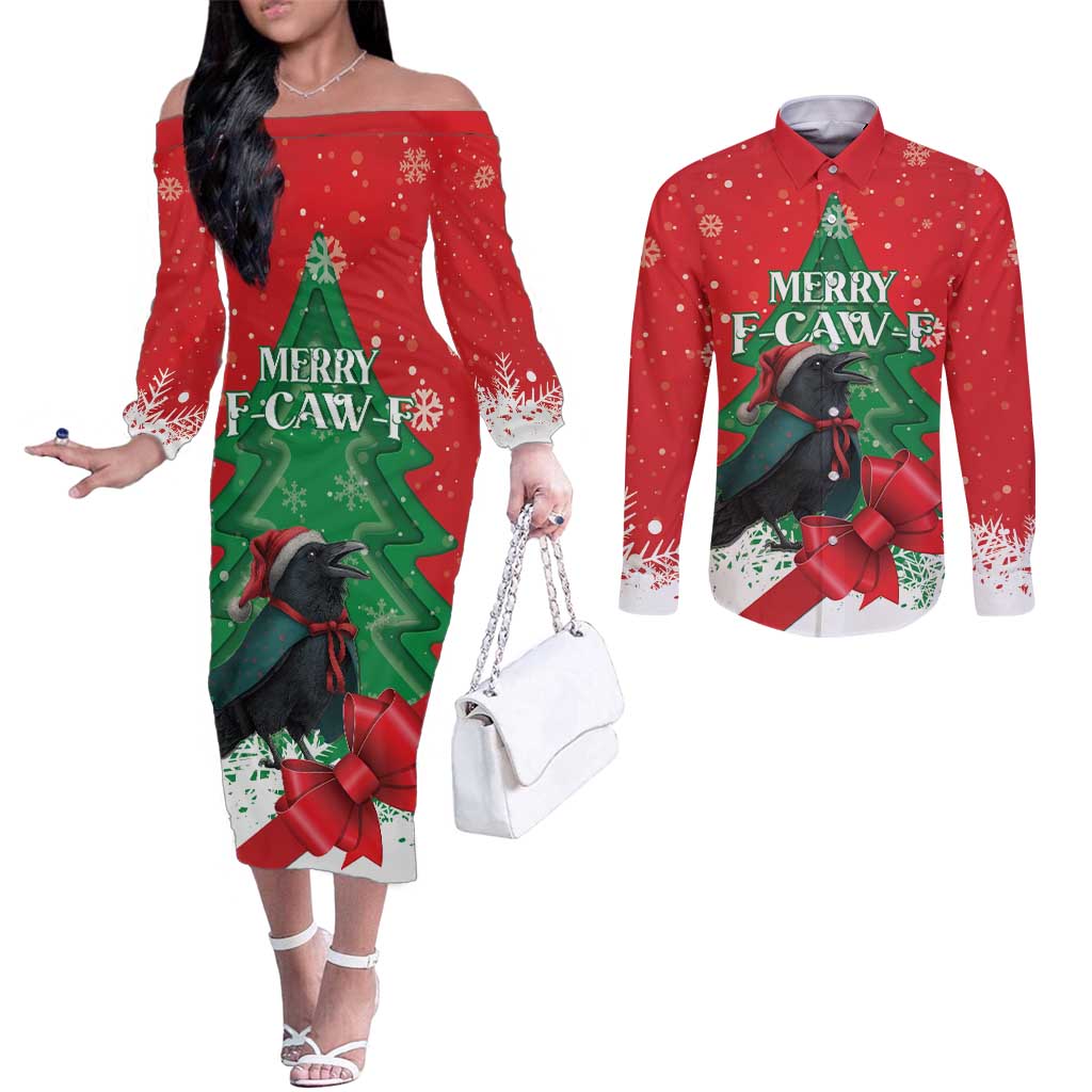 Funny Christmas Raven Couples Matching Off The Shoulder Long Sleeve Dress and Long Sleeve Button Shirt Merry F Caw F - Wonder Print Shop