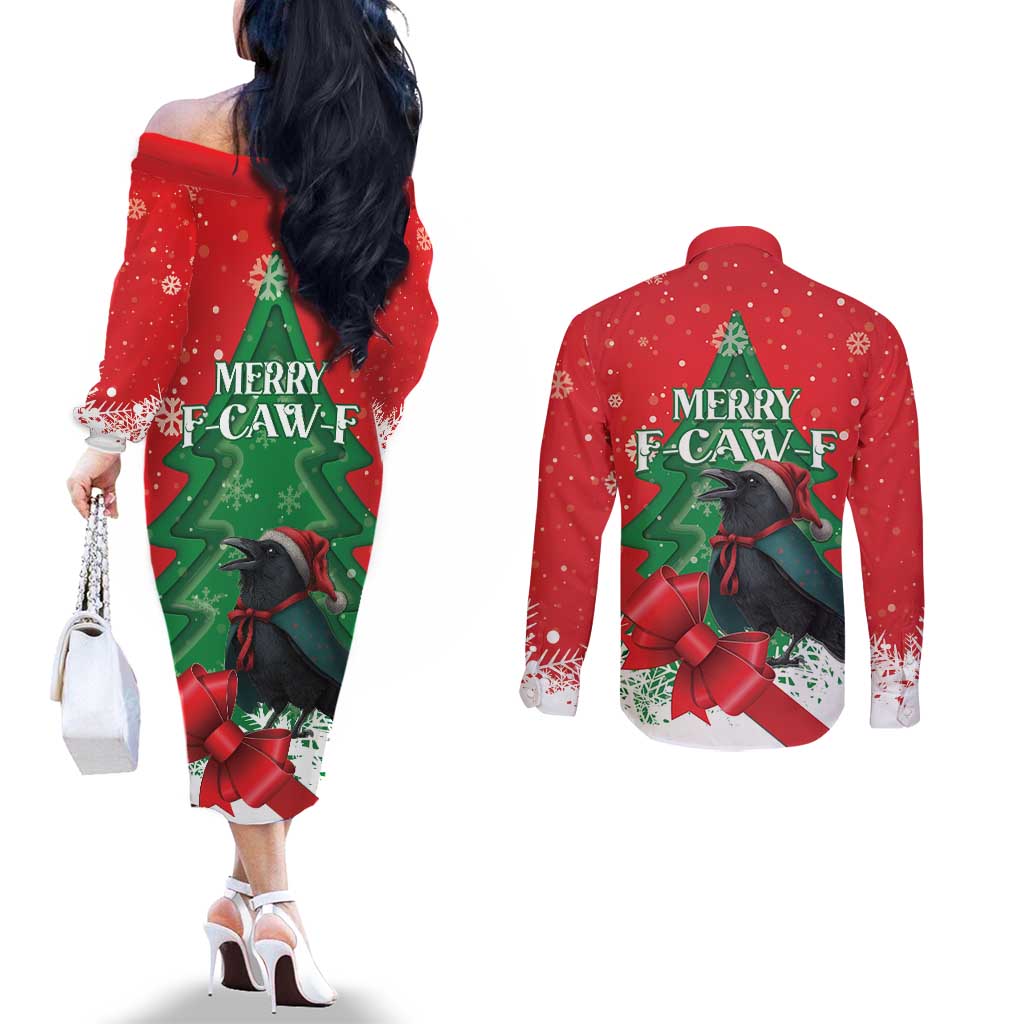 Funny Christmas Raven Couples Matching Off The Shoulder Long Sleeve Dress and Long Sleeve Button Shirt Merry F Caw F - Wonder Print Shop