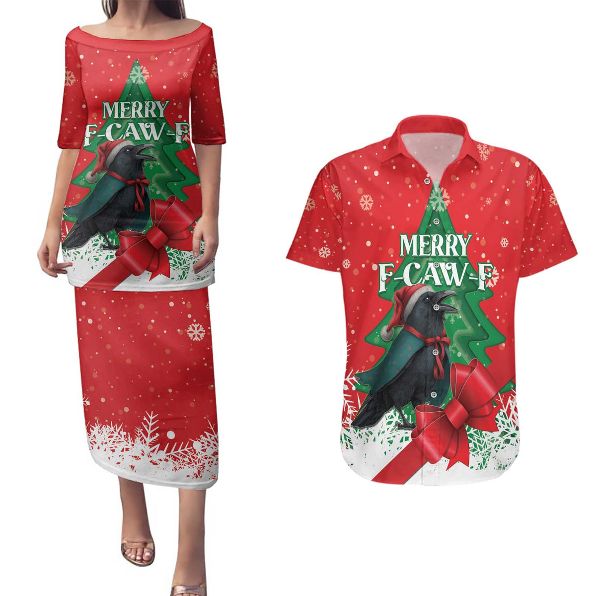 Funny Christmas Raven Couples Matching Puletasi and Hawaiian Shirt Merry F Caw F - Wonder Print Shop