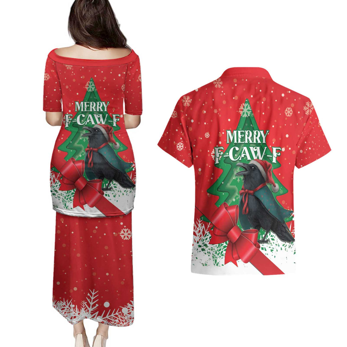Funny Christmas Raven Couples Matching Puletasi and Hawaiian Shirt Merry F Caw F - Wonder Print Shop