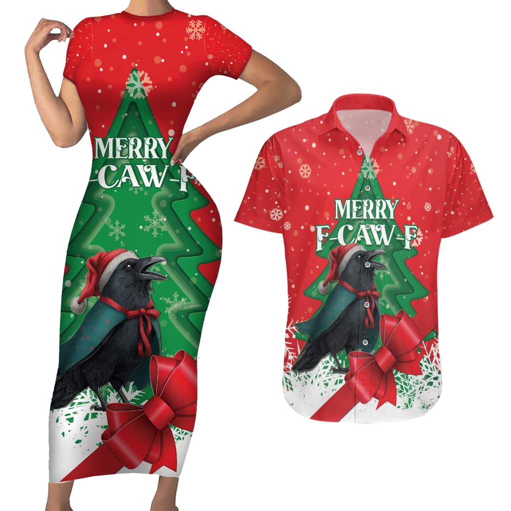 Funny Christmas Raven Couples Matching Short Sleeve Bodycon Dress and Hawaiian Shirt Merry F Caw F - Wonder Print Shop