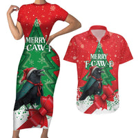 Funny Christmas Raven Couples Matching Short Sleeve Bodycon Dress and Hawaiian Shirt Merry F Caw F - Wonder Print Shop