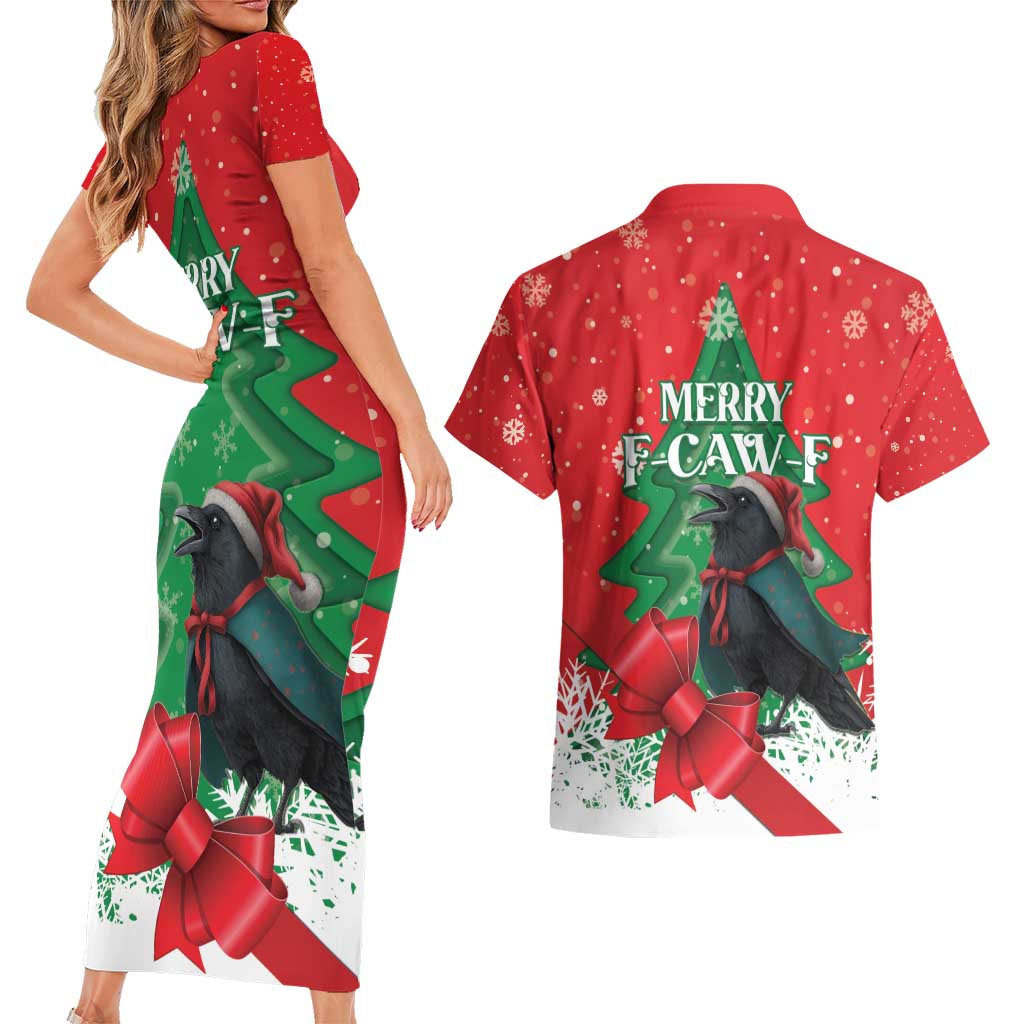 Funny Christmas Raven Couples Matching Short Sleeve Bodycon Dress and Hawaiian Shirt Merry F Caw F - Wonder Print Shop
