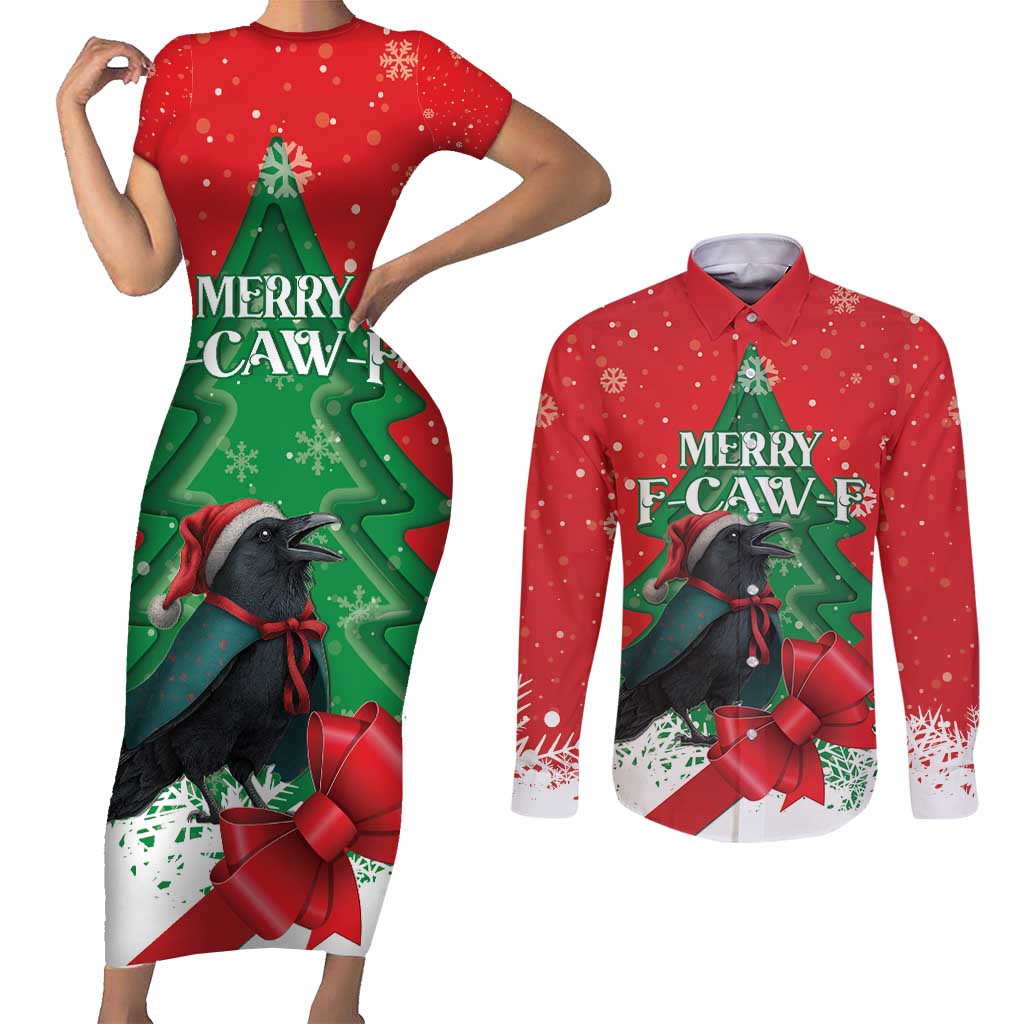 Funny Christmas Raven Couples Matching Short Sleeve Bodycon Dress and Long Sleeve Button Shirt Merry F Caw F - Wonder Print Shop