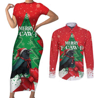 Funny Christmas Raven Couples Matching Short Sleeve Bodycon Dress and Long Sleeve Button Shirt Merry F Caw F - Wonder Print Shop