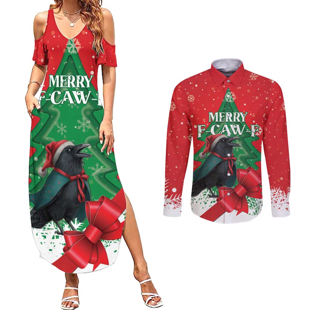 Funny Christmas Raven Couples Matching Summer Maxi Dress and Long Sleeve Button Shirt Merry F Caw F - Wonder Print Shop