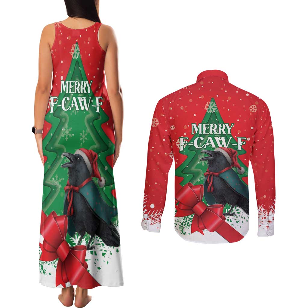 Funny Christmas Raven Couples Matching Tank Maxi Dress and Long Sleeve Button Shirt Merry F Caw F - Wonder Print Shop