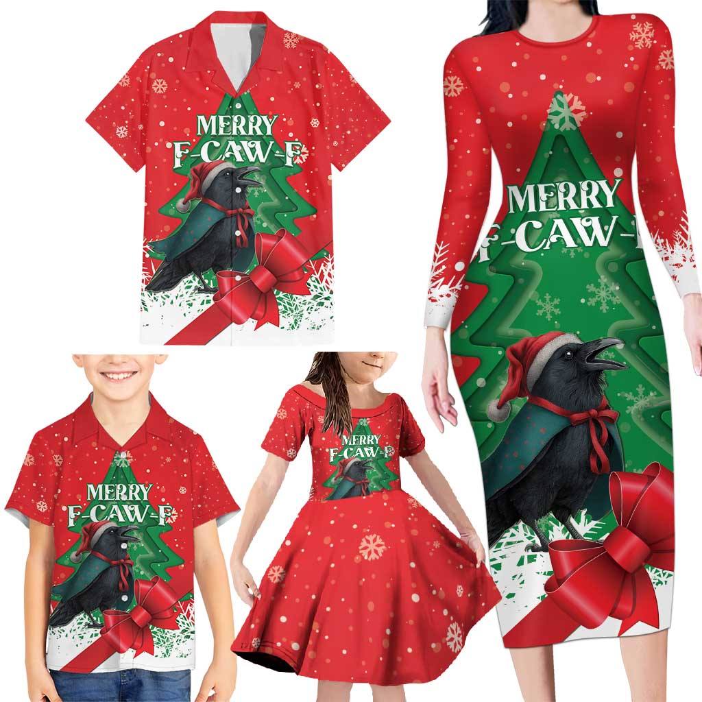 Funny Christmas Raven Family Matching Long Sleeve Bodycon Dress and Hawaiian Shirt Merry F Caw F - Wonder Print Shop