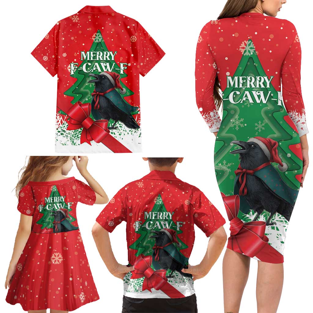 Funny Christmas Raven Family Matching Long Sleeve Bodycon Dress and Hawaiian Shirt Merry F Caw F - Wonder Print Shop