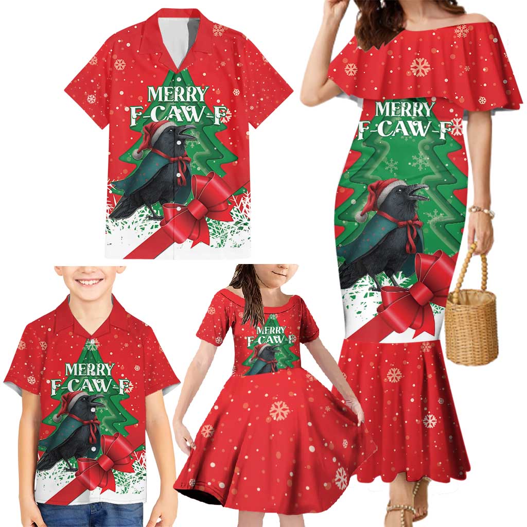 Funny Christmas Raven Family Matching Mermaid Dress and Hawaiian Shirt Merry F Caw F - Wonder Print Shop
