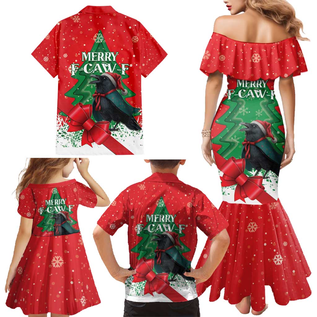 Funny Christmas Raven Family Matching Mermaid Dress and Hawaiian Shirt Merry F Caw F - Wonder Print Shop