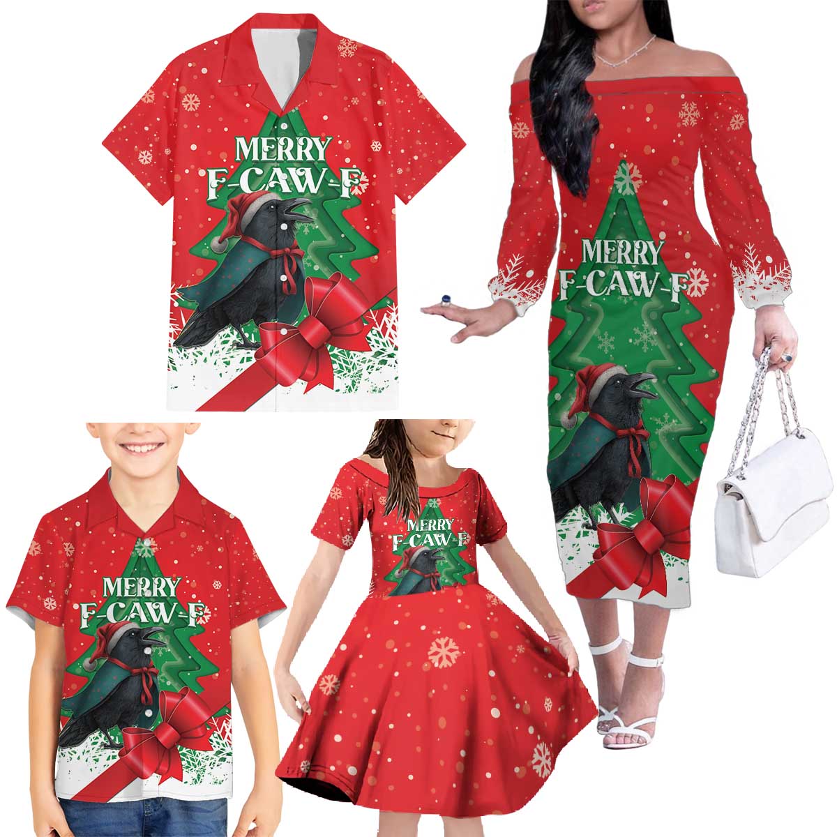 Funny Christmas Raven Family Matching Off The Shoulder Long Sleeve Dress and Hawaiian Shirt Merry F Caw F - Wonder Print Shop