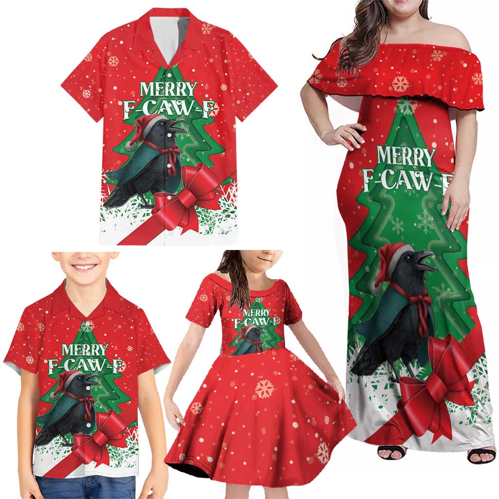 Funny Christmas Raven Family Matching Off Shoulder Maxi Dress and Hawaiian Shirt Merry F Caw F - Wonder Print Shop
