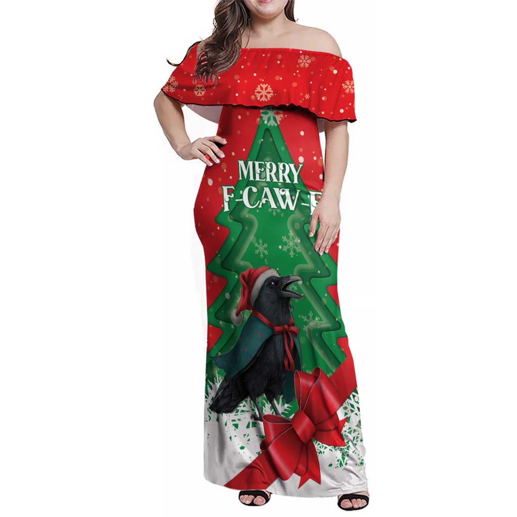 Funny Christmas Raven Family Matching Off Shoulder Maxi Dress and Hawaiian Shirt Merry F Caw F - Wonder Print Shop