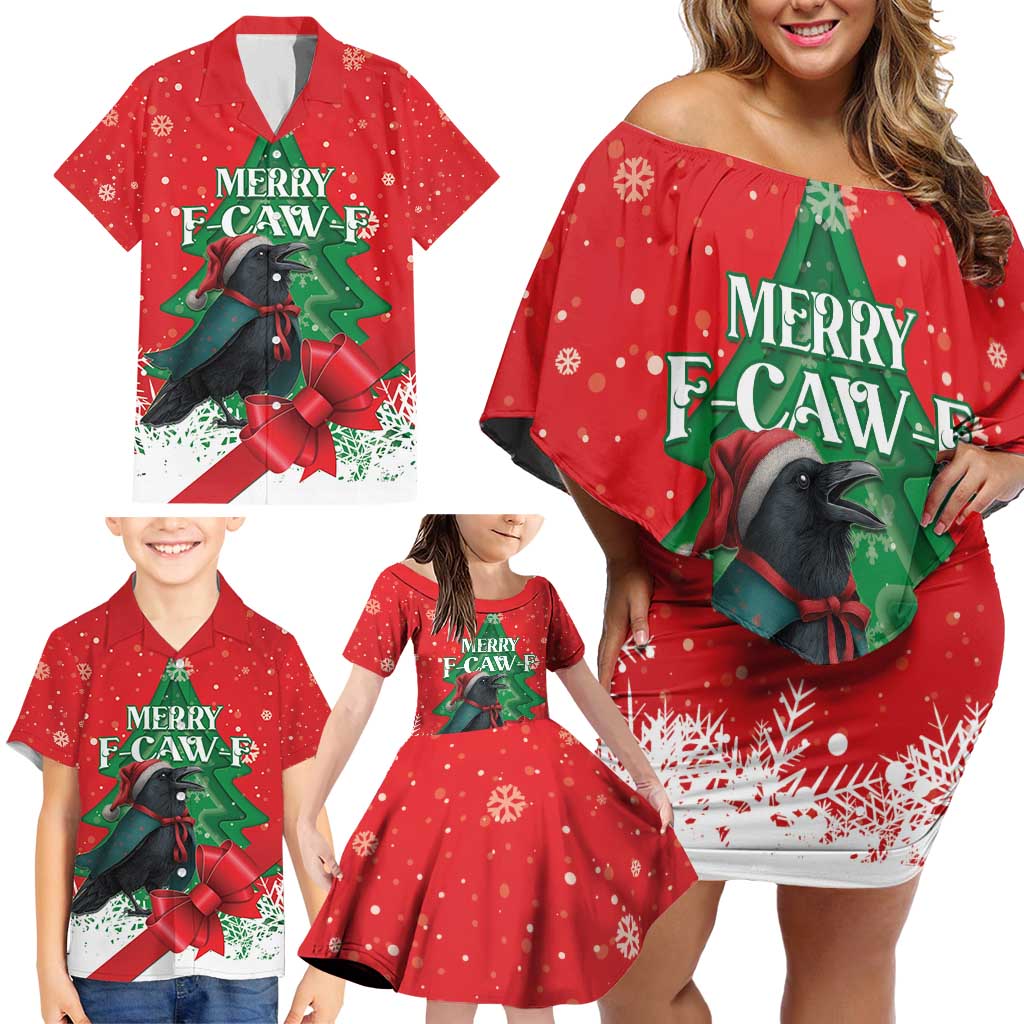 Funny Christmas Raven Family Matching Off Shoulder Short Dress and Hawaiian Shirt Merry F Caw F - Wonder Print Shop