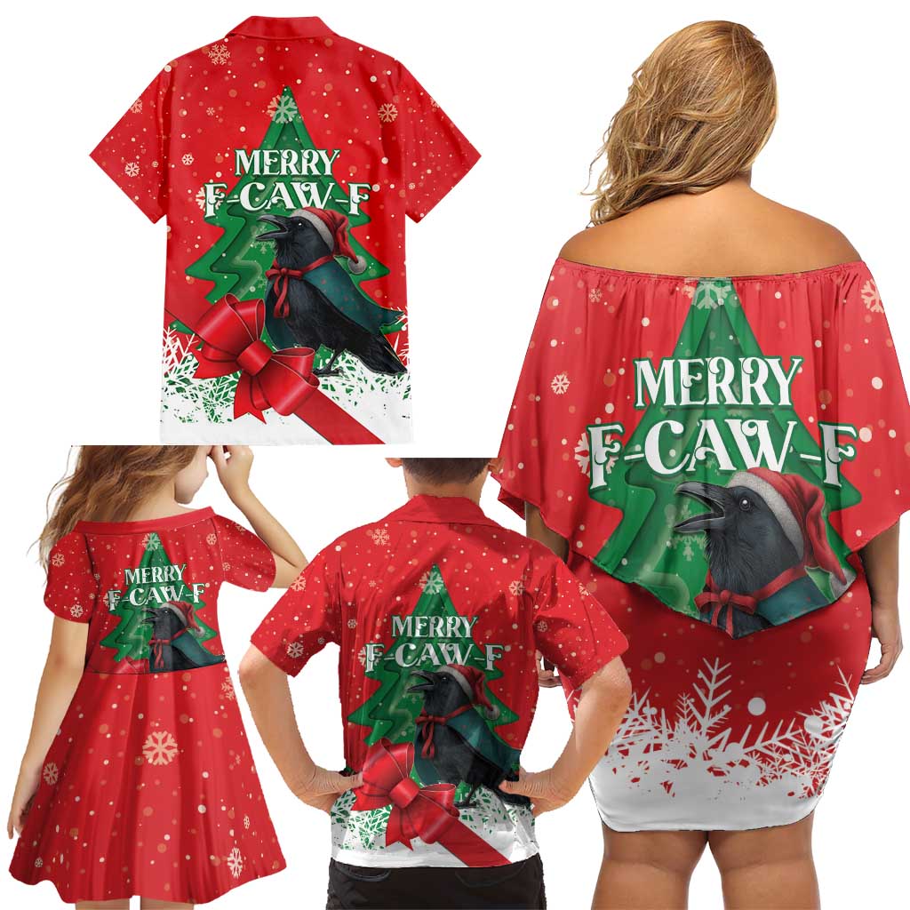 Funny Christmas Raven Family Matching Off Shoulder Short Dress and Hawaiian Shirt Merry F Caw F - Wonder Print Shop