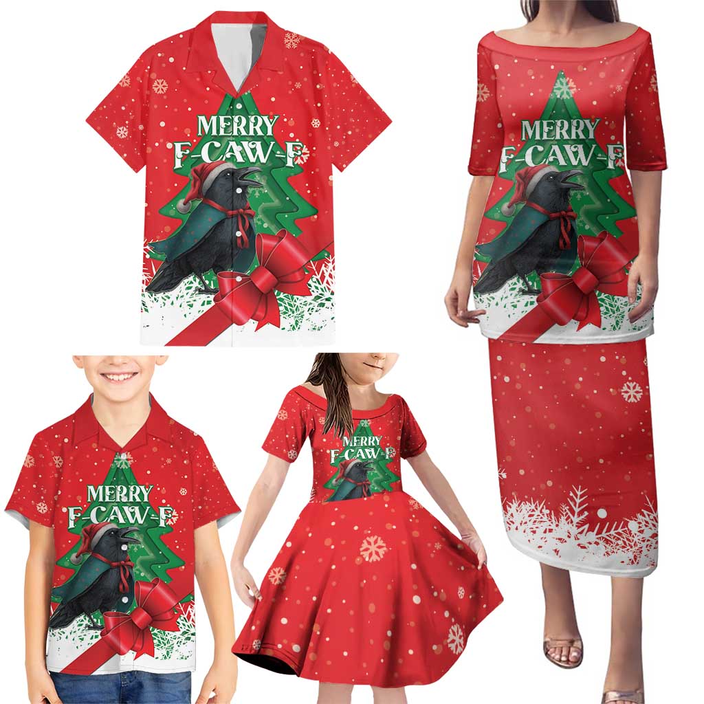 Funny Christmas Raven Family Matching Puletasi and Hawaiian Shirt Merry F Caw F - Wonder Print Shop