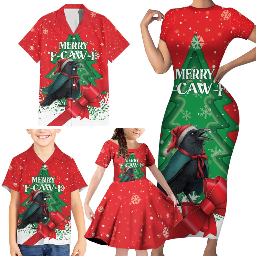 Funny Christmas Raven Family Matching Short Sleeve Bodycon Dress and Hawaiian Shirt Merry F Caw F - Wonder Print Shop