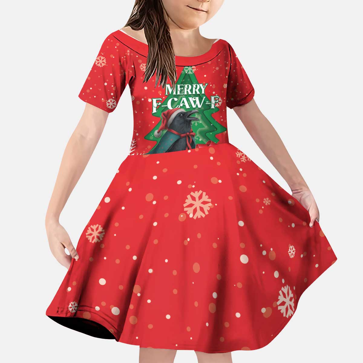 Funny Christmas Raven Kid Short Sleeve Dress Merry F Caw F - Wonder Print Shop