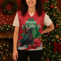 Funny Christmas Raven Christmas Knitted V-Neck Vest Merry F Caw F - Wonder Print Shop