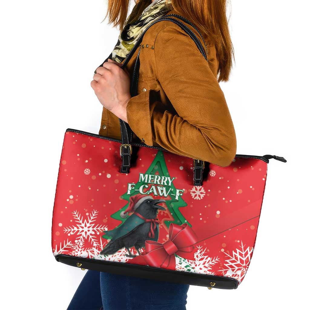 Funny Christmas Raven Leather Tote Bag Merry F Caw F - Wonder Print Shop