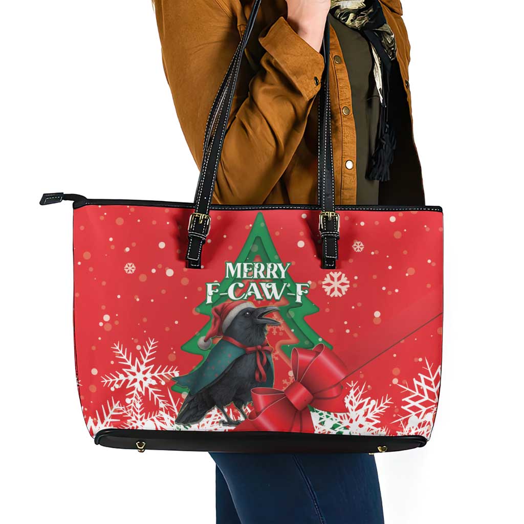 Funny Christmas Raven Leather Tote Bag Merry F Caw F - Wonder Print Shop
