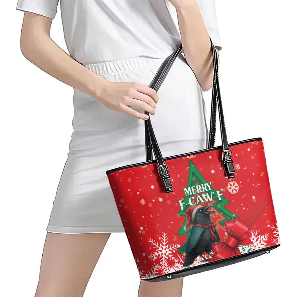 Funny Christmas Raven Leather Tote Bag Merry F Caw F - Wonder Print Shop