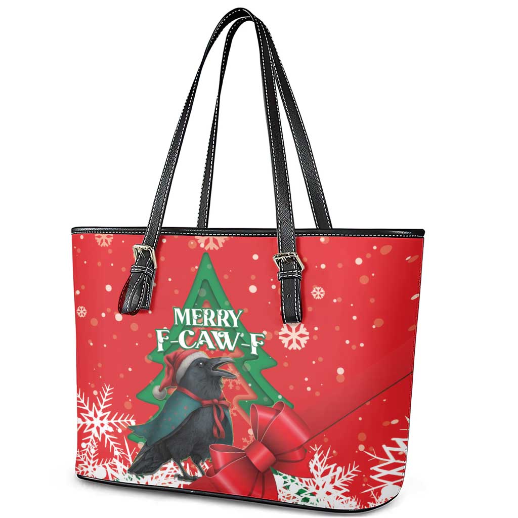 Funny Christmas Raven Leather Tote Bag Merry F Caw F - Wonder Print Shop
