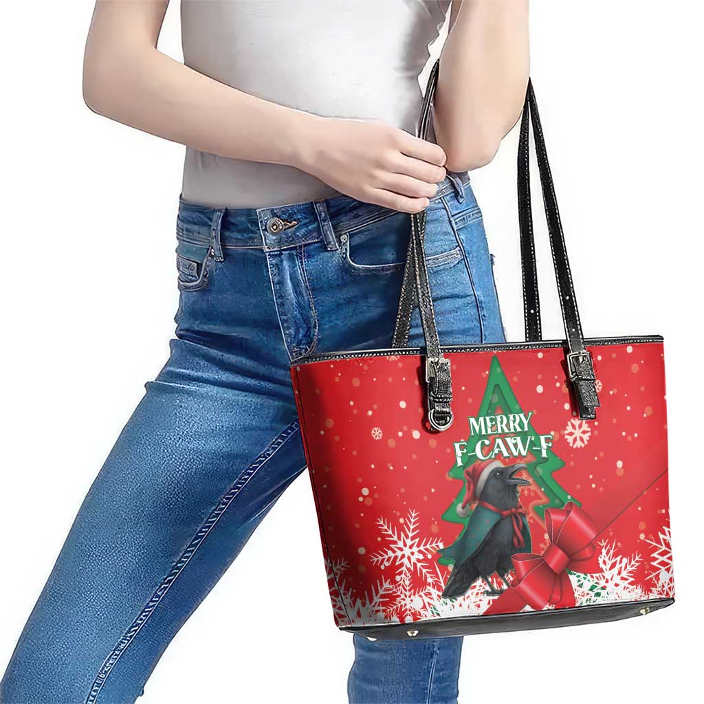 Funny Christmas Raven Leather Tote Bag Merry F Caw F - Wonder Print Shop