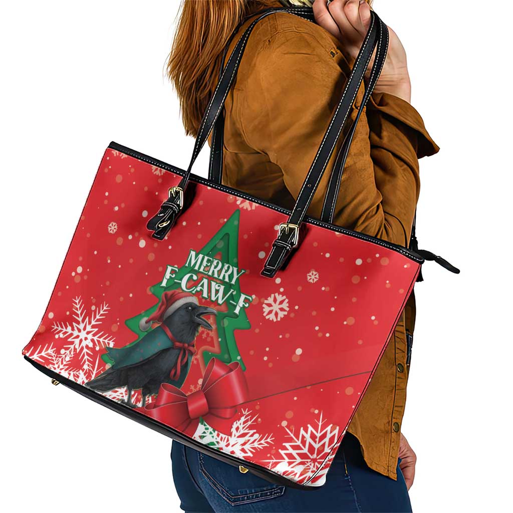 Funny Christmas Raven Leather Tote Bag Merry F Caw F - Wonder Print Shop