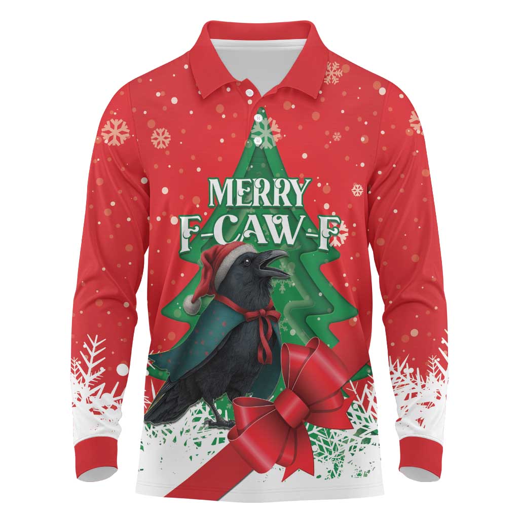Funny Christmas Raven Long Sleeve Polo Shirt Merry F Caw F - Wonder Print Shop